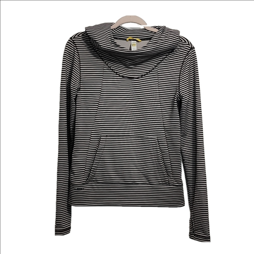 LOLE Gray stripes mock neck hooded gorpcore athletic sweater - Picture 1 of 10
